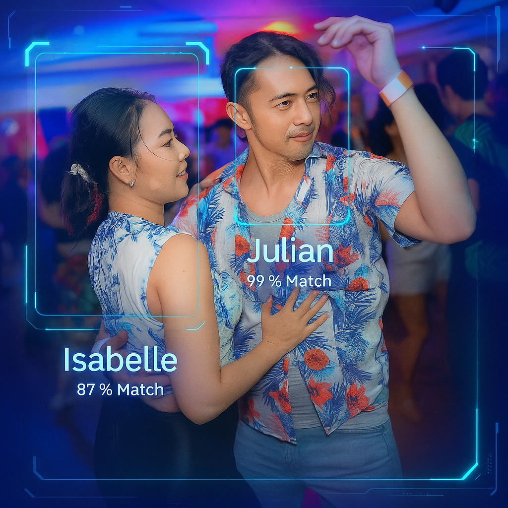AI Face Recognition Demo - Isabelle and Julian matched at a dance event